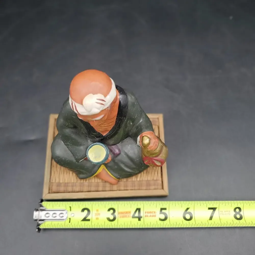 Vintage Asian Seated Man Figurine Holding Gourd Cup Woven Wood Base
